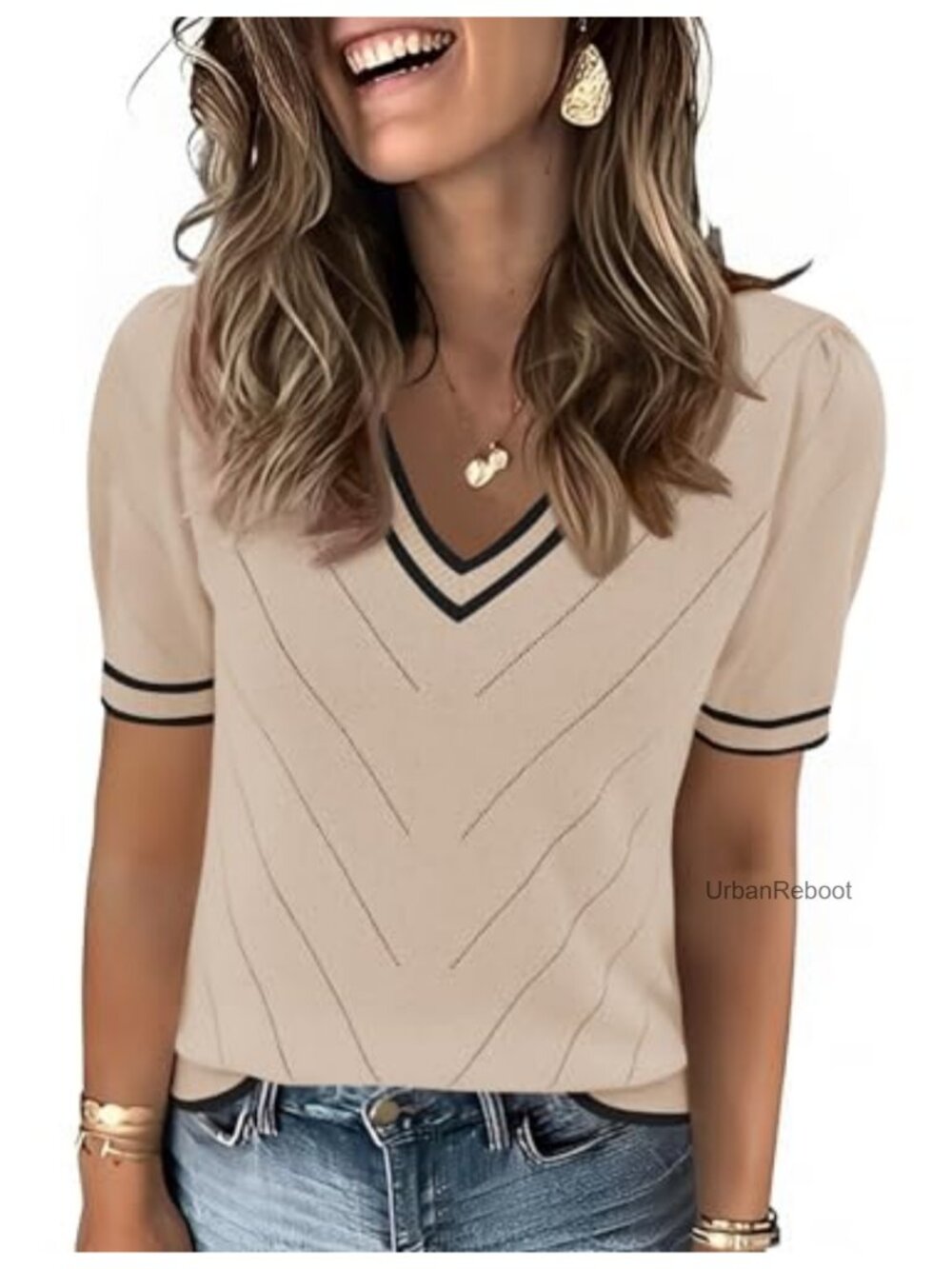 Womens Puff Short Sleeve V-Neck Lightweight Knit Sweater Top